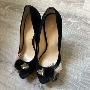Enzo Angiolini Black Suede Platform Pumps with Feather Pom